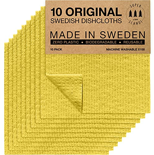 SUPERSCANDI Putzlappen im 10er Pack - 100% Biologisch Abbaubar & Kompostierbar | Wiederverwendbare & Lebensmittelsichere Spültücher Ohne Plastik | Für Jede Oberfläche Geeignete Spüllappen | Gelb
