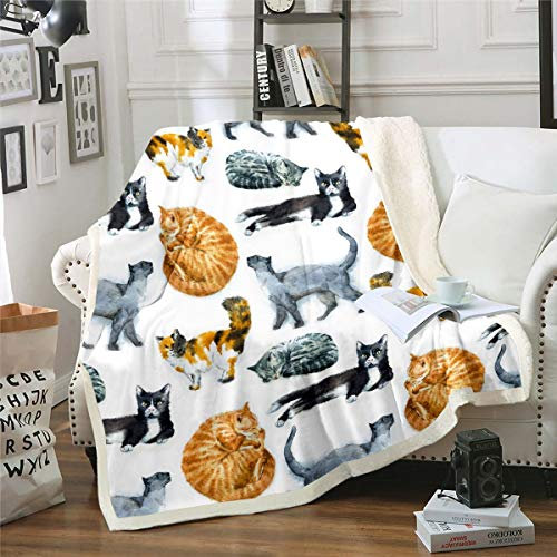 Coperta in pile con stampa di gattini e gatti, coperta per divano o poltrona, a tema animale, calda coperta in peluche ultra morbida, 127 x 152,4 cm