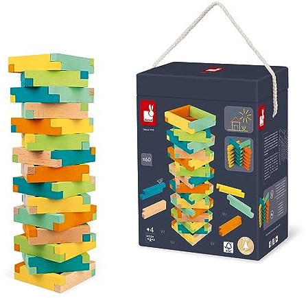 Janod - Fass mit 60 Bauklötzen aus Holz - Konstruktionsspiel - Entwicklung von Feinmotorik und Konzentration - FSC-Zertifiziertes Buchenholz, massiv - Farben auf Wasserbasis - Ab 4 Jahren, J08300