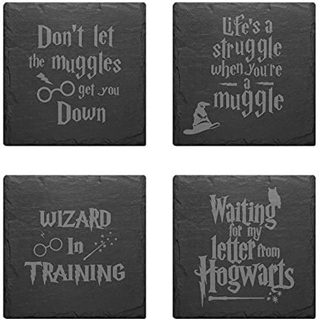 Harry Potter Muggles Wizard Hogwarts Slate Mat Engraved Set Of 4 Coasters (Harry Potter Mix)