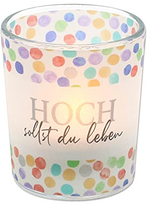Dekohelden24 Windlichtglas mit Motiv auf Einer transparenten Banderole, inkl. 1 Teelicht, H/Ø: 6,5 x 6 cm, Motiv: Hoch sollst du Leben.