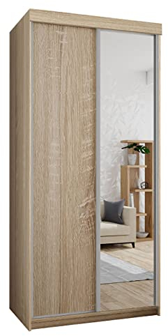 Kleiderschrank Toplo 100 II, Elegantes Schlafzimmerschrank, Spiegel, 100 x 200 x 62 cm, Dielenschrank, Garderobenschrank, Schwebetürenschrank (Sonoma Eiche, mit Blauer LED Beleuchtung.)