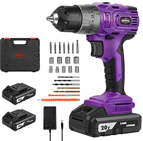 Purple Brushless Cordless Drill Set, 20V Compact Power Driver Kit with Electric Motor, 20+3 Torque Setting, 48 N.m, 2 Variable Speed, 23pcs Driver Bits, and Tool Box for Women Men Home DIY