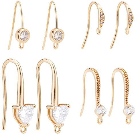 BENECREAT 16 ganci per orecchini placcati in oro 18 carati con zirconia cubica e ganci per orecchie con anelli per ciondoli per fai da te (4 stili)