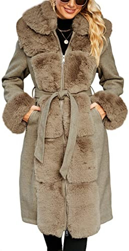 Giolshon Damen-Jacke mit Pelzfutter aus Wollmischung, Kapuze und Pelzkragen verdickter langer Trenchcoat mit Gürtel 244A Khaki S