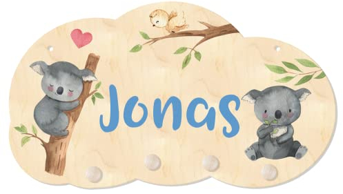 Personalisierte Kindergarderobe 'Koalabär' aus Holz mit vier Kleiderhaken, Garderobe für Kinder mit Wunschnamen, Motiv Koala, ca. 35 x 20 cm (Blau)