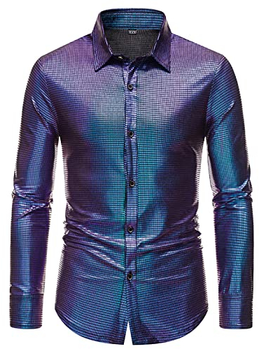 Herren Langarm Pailletten Kleid Glitzer Hemd 70er Disco Party Kustüm