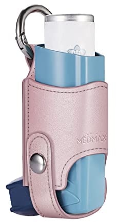 MEDMAX Asthma Inhaler Holder PU Leather Protective Travel Handy Mini Holster, Lightweight Carrying Case with Carabiner Clip, Inhaler Not Included (Case Only) (Rose Gold)