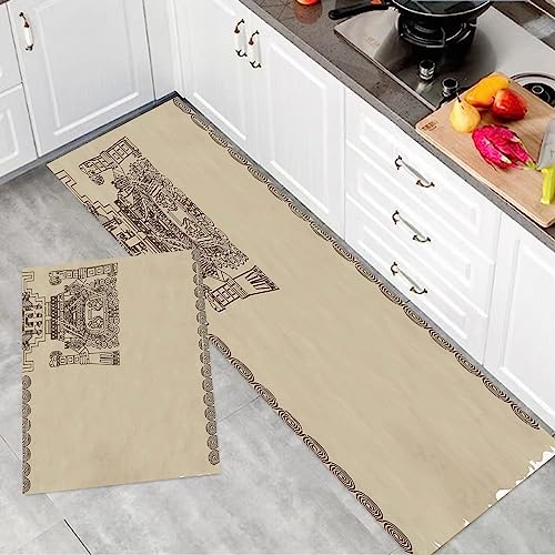 2 Stück Küchenmatte Waschbar rutschfest Küchenmatte,Ureinwohner-, Maya- und Inka-Stammes- Symbol-Aberglaube-ursprüngliche Relik,Teppiche Mit Staubdicht Für Küche Wohnzimmer, Esszimmer (45x70+45x120cm)