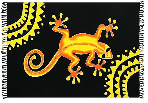 SAIVONA Pareo Sarong Strandtuch Damen-Wickelrock Strand-Handtuch Wickeltuch oder Handtuchkleid und Wickelkleid Damen-Handarbeit aus Fair Trade Herstellung Batik Gecko Schwarz Gelb Orange