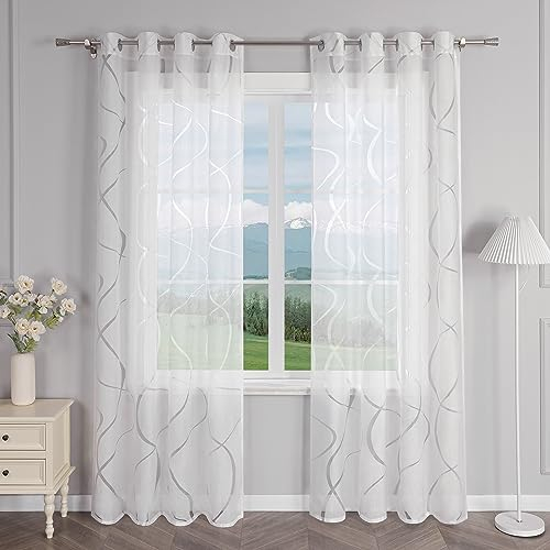 Delien Gardinenschals Ausbrenner Transparente Gardinen mit Ösen Modern »Wellen« Fenster Gardinen Wohnzimmer Flächenvorhänge Ösenschals Vorhang mit Wellenmuster 1 St. Weiß,BxH 140x145cm