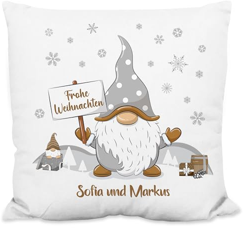 Deko-Kissen personalisiert mit Wunschtext „Frohe Weihnachten“ - mit Gold-Wichtel-Motiv - 40x40cm, inkl. Kissen-Füllung | Zierkissen Weihnachtskissen Weihnachts-Geschenk (Flauschiges Kissen)