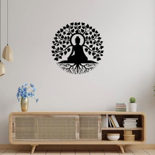 30 cm Tree of Life mit Buddha Schwarz Metall Baum Des Lebens Deko Wohnzimmer Wanddeko Wandkunst Schlafzimmer Lebensbaum