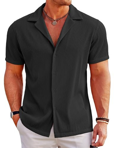COOFANDY Short Sleeve Shirts Mens Summer Casual Shirt Holiday Beach Shirt Hawaiian Shirts Cuban Black L