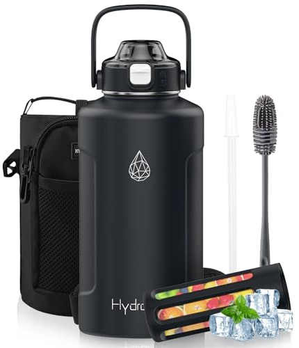 HYDRO H2O Half Gallon Stainless Steel Water Bottle Insulated with AutoLock Spout Lids &Pop-up Straw & Carrier Bag,Metal Water Jug with Wide Mouth 64 oz Leakproof(Black,Pouch)