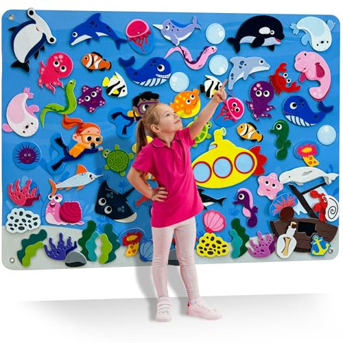 Quokka Ocean Felt Board for Toddlers - 70 PCS Double-Thick Felt Board Story Set with Large 41x30 Inch Durable Felt Wall Activity Board - Ideal for Storytelling Indoor Toddler Activities and Classroom