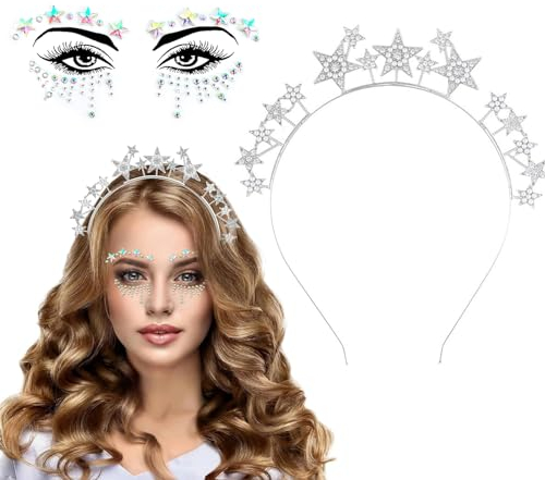 Sterne Haarreif Silber,Haarreif Sterne Stirnband Strass,Haarreif Glitzer,Glitzer Haarreif,Haarreifen Damen Glitzer,Stirnbänder für Braut Hochzeit,Maskerade,Geburtstag,mit Gesichtsaufkleber