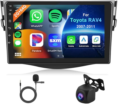 Hodozzy 2G 64G Android Autoradio für Toyota RAV4 2007-2012 Carplay Android Auto Mirror Link, 9 Zoll Touchscreen Radio Mit Bluetooth GPS Navi WiFi FM RDS HiFi, Rückfahrkamera Radio für RAV4