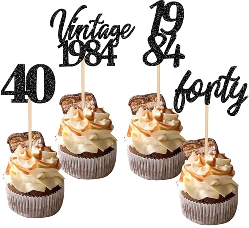 24 Stück Vintage 1984 Tortendeko Glitzer 40 Forty Geburtstag Cupcake Toppers Awesome Since 1984 Fabulous 40 Kuchen Deko for 40th Geburtstag Jahrestag Party Kuchen Dekoration Schwarz