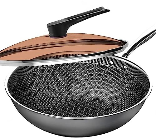 Padella Wok in acciaio al carbonio con coperchio, padella ultra antiaderente con coperchio, padella per riso fritto Wok antiaderente con coperchio, per induzione, elettrica, a gas, alogena, tutti i f