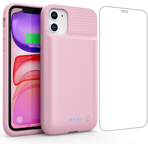 Feob Coque Batterie pour iPhone 11/XR【Mince mais Puissant 7500mAh】 Coque Rechargeable Batterie Externe avec écran de Protection en Verre Trempé Chargeur Portable pour iPhone 11/XR(6,1 Pouces) - Rose