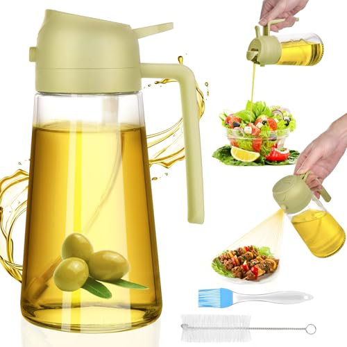 HUAERSICO 2 in 1 Ölsprüher für Speiseöl 600ml - Dickes Glas Ölspray für Heißluftfritteuse mit Ölbürste und Reinigungsbürste- Anti-Tropf Design Ölsprühgerät für Grillen, Kochen