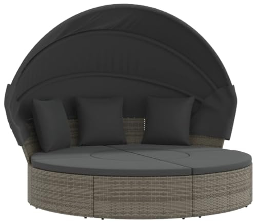 vidaXL Outdoor Loungebett mit Dach Kissen, Sonnenliege mit Fußhocker, Loungeliege für Garten Terrasse, Gartenliege Sonnenbett, Grau Poly Rattan
