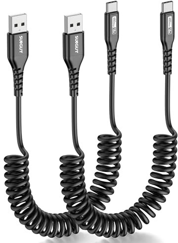 SUNGUY USB C Spiralkabel, [2 Stück 0.5m-1.5m] USB A auf USB C Kabel Ladekabel und Datenkabel für iPhone 16/15 Pro Max, Galaxy S24 S23 S22, Mi9/8, Android Auto, Carplay-Grau