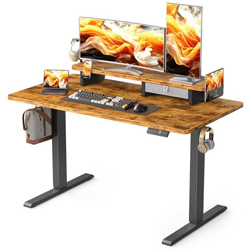 WALKINGDESK Höhenverstellbarer Schreibtisch Elektrisch mit Schubladen, 120 x 60 cm Stehpult mit Monitorständer und Handyhalter, Standing Desk für Home Office Büro, 3 Haken, Rustikales Braun