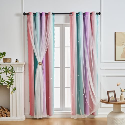 NETMEO Vorhänge mit Fantasiemotiven, Kinderzimmer, Verdunkelungsvorhänge für Schlafzimmer, Isolierung für Wohnzimmer, Farbverlaufsvorhänge für Mädchenzimmer (Rosa Lila Grün, 1P × B132xH213 cm)