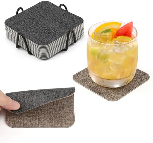 Chitomars Lot de 12 Dessous de Verres avec Support, Double Face Lavable sous Verres Simili Cuir Antidérapant Originaux Dessous de Verres pour Café, Boissons, Bière Tasses (Gris Marron, Lot de 12)