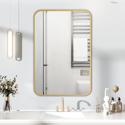 HIGHBATH Gold Frame Mirror 60 x 80 cm, Large Bathroom Wall Mirrors, Rectangular Bathroom Wall Mounted Mirror Hanging Horizontal/Vertical