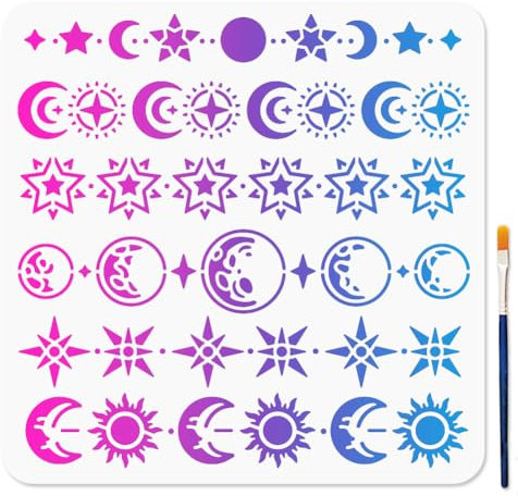 MAYJOYDIY Stars Moon Stencil, 30x30cm Reusable Cosmic Space Painting Templates, Planet Sun Drawing Stencils with Paint Brush for Floor Wall Fabric Furniture Decoration