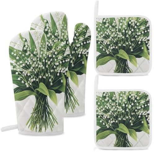 Set di 4 guanti da forno e presine verdi con stampa di steli alti resistenti al calore, guanti da forno extra lunghi e cuscinetti caldi, guanti da cucina antiscivolo, presine in poliestere per cucine