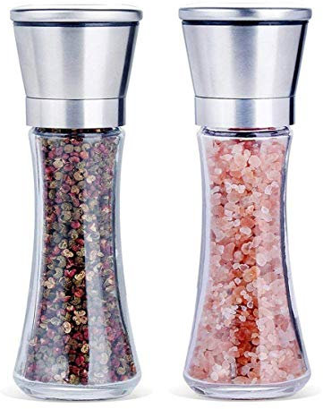 Juego de 2 molinillos de sal y pimienta de acero inoxidable profesional, molinillo de especias con grosor ajustable, fácil de llenar, salero y pimentero
