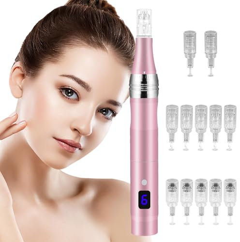 Vicloon Microneedling pour Visage, Dermapen Microneedling Professionnel avec 12 Aiguilles et 5 Vitesses, Réglable Microneedling Pen 0-2mm, pour Soins Visage/Cou/Contour des Yeux