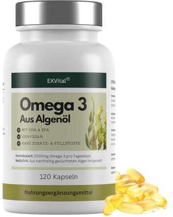 EXVital® Omega 3 aus Algenöl, vegan, 120 Softgel Kapseln, 2000mg pro Tag (600 DHA & 300mg EPA), aus nachhaltigen Algen gewonnen, hochdosiert & laborgeprüft