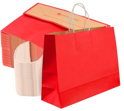 KEILEOHO 30 Stück Papiertüten Rot 32 x 11 x 24,5 cm, Rote Kraftpapiertüten mit Henkel, 120gsm Papiertragetaschen Groß Geschenktüten zum Einkaufen, Hochzeit