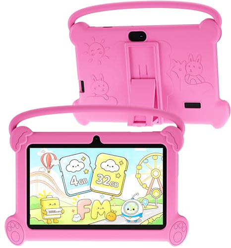 ICONLINK Tablet infantil de 7 pulgadas, Android 12, 32 GB ROM, cámara dual de 2 + 5 MP, funda a prueba de golpes, educativa, juegos (rosa)