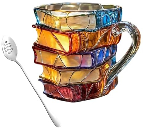 LOKORI Bemalte Buchtasse, 3D-farbige Kaffeetasse aus Glas mit Buchmotiv, neuartige bunte Kaffeetasse in Stapelform for Buchliebhaber, Leser, Bibliothekare und Schriftsteller