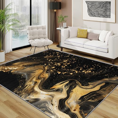 TerroVee Marmor Teppich Wohnzimmer 160x230 cm, Abstrakt Luxus Kunst Teppiche, Schwarz Gold Waschbar Kurzflor Groß Teppiche Für Schlafzimmer Kinderzimmer, Schwarz Gold