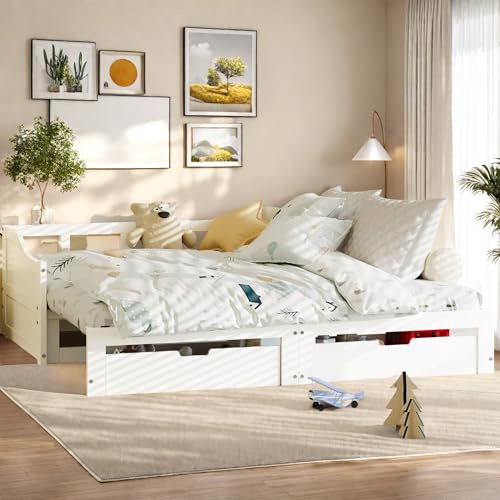 SHAODENG Jugendbett Holzbett 90x200, Ausziehbett Gleiche Höhe, Bett mit Lattenrost und Stauraum, Kopfteil mit Rausfallschutz, Bettgestell mit 2 Schubladen, Tagesbett Einzelbett, ohne Matratze, Weiß