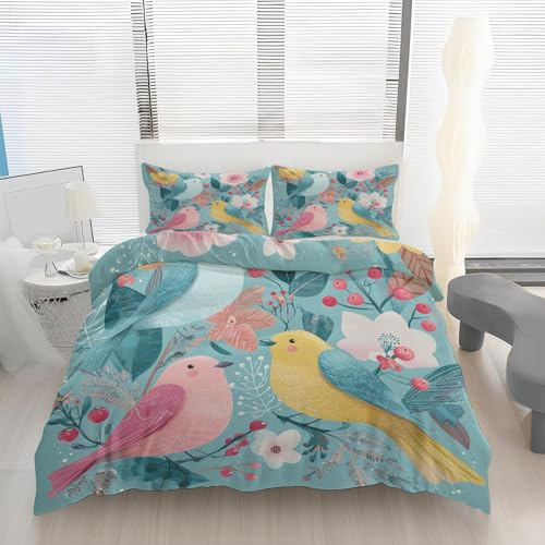 Generisch Karikatur Vögel Bettwäsche 135x200 cm Landhaus-Stil Blumen Vogel Bettbezug + 1 Kissenbezüge 80x80cm 2 Teilig Bettwäsche-Sets mit Reißverschluss, Weich Bügelfrei Mikrofaser Bettdeckenbezug