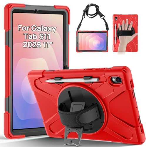 Gerutek Shockproof Case for Samsung Galaxy Tab S11 11-Inch 2025, Red | Samsung S11 Tablet Case, Heavy Duty Rugged, with 360 Rotating Stand & Hand Strap, Shoulder Strap Cover for Galaxy Tab S11