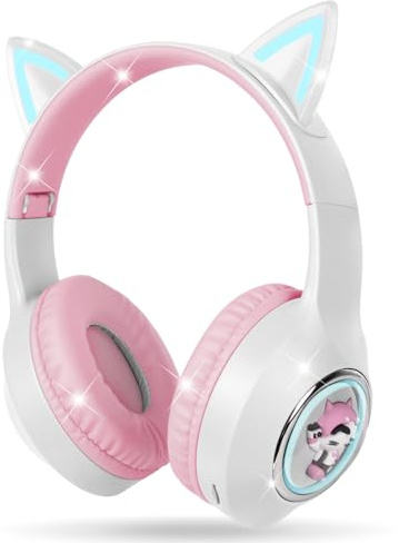AXFEE Auriculares Inalámbricos Niños, con LED y Micrófono, Blanco | Plegables,diseño de orejas de gato y patrón de zorro, para móvil/tableta, regalo de cumpleaños/navidad niños