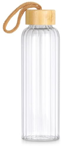 Vilde Botella de cristal de 500 ml | Botella de agua, Botella con cierre de bambú y junta, de vidrio de borosilicato con correa textil