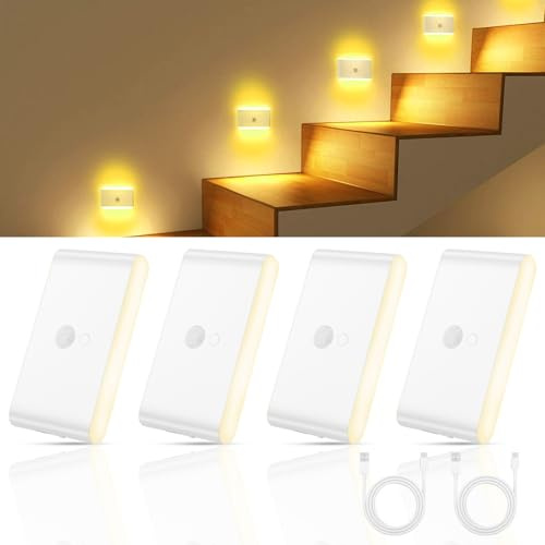 HOTUT LED Nachtlicht mit Bewegungsmelder RGB & Warmweiß, 4 Stück Aufladbar Treppe Licht, Motion Sensor Flur Licht, Nachtlicht Kinder mit 3 Modi (Auto/ON/OFF) für Treppe, Schlafzimmer, Flur, Küche