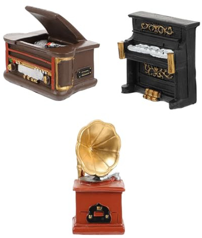ifundom 3 Stück Kleiner Retro Ornament aus Kunstharz Vintage Desktop Dekoration für Zuhause und Büro Dekorative Kleiner Plattenspieler und Klaviermodelle
