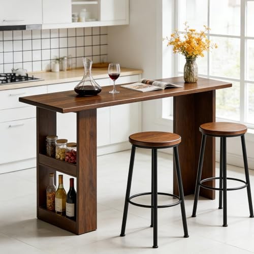 Tazyee Massivholz Bartisch mit Stauraum, Gastronomie-Stehtisch Küchentisch, Schmaler Langer Tresen Tisch, 2,5 cm Dicke Tischplatte, für Bar,Küche, Wohnzimmer etc.