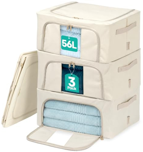 LIVIVO Set of 3 Storage Bags Boxes Organiser - Collapsible Storage Box with Double Opening Zips & Clear Windows for Storing Duvets, Blankets, Bedding, Clothes, Towels, Sweaters, Toys - 56L, Beige